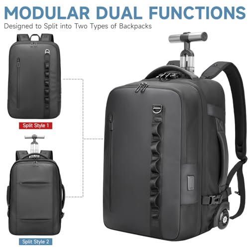 Travel Rolling Backpack,3 in 1 Carry on Backpack Flight Approved,Waterproof Personal Item Bag with Detachable Backpack,Extra Luggage Backpack 55L for Work Teacher College,Black4