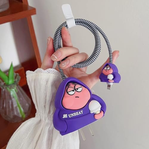 Image of PHONE PALACE 4 in 1 Silicone Charger Case Cover for iPhone 18W /20W Adapter | Cute Purple Unbeat Cartoon Design | 360 Protection with Wire Saver & Cable Protector (Purple Unbeat)