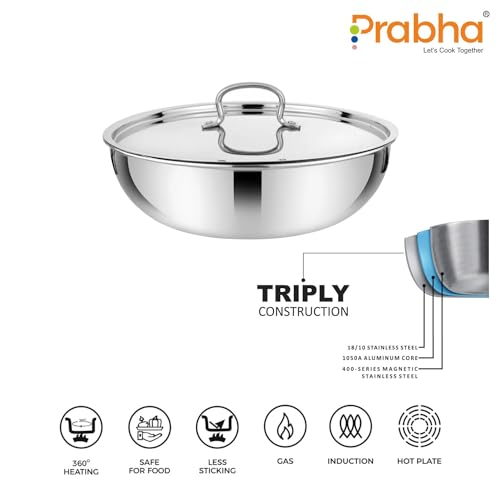Image of Prabha Stainless Steel Prima Tasla with Flat Bottom, Included Lid, Tasla, 22cm, 2.2 L Capacity, Perfect for Kitchen Need, Induction and Gas Stove Compatible
