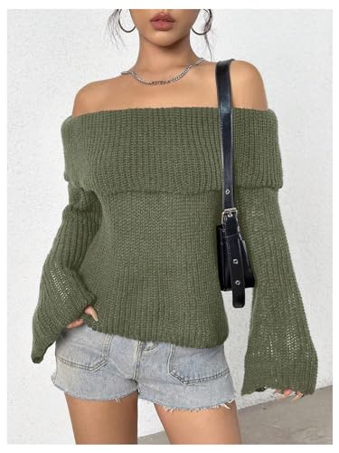 Image of MakeMeChic Women's Y2K Off The Shoulder Sweater Bell Sleeve Tops Fall Pullover Sweaters Lightweight Green Large