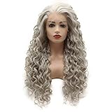 Meiyite Hair Curly Long 26inch Light Gray Heavy Density Realistic Synthetic Lace Front Wigs