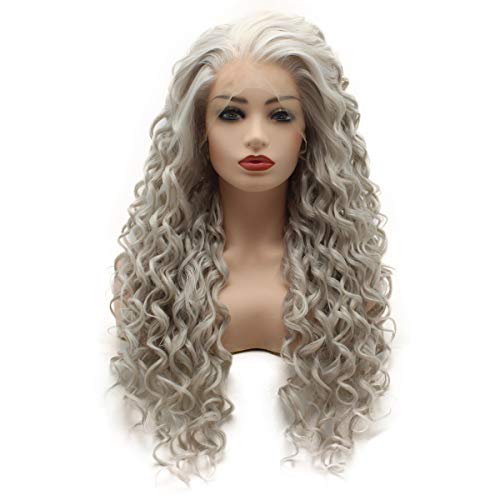 Meiyite Hair Curly Long 26inch Light Gray Heavy Density Realistic Synthetic Lace Front Wigs