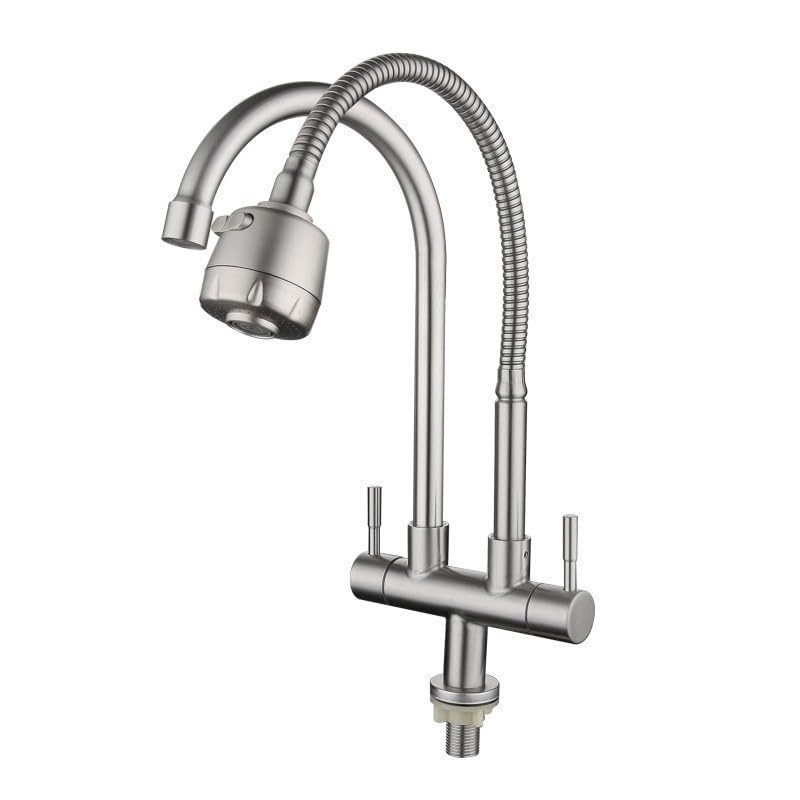 Grifo Cocina Cocina De Acero Inoxidable Doble Tubo Doble Control Doble Manija Una Entrada Dos Salidas Grifo Giratorio Universal De Agua Fría Para El Hogar Codo + Ducha Universal