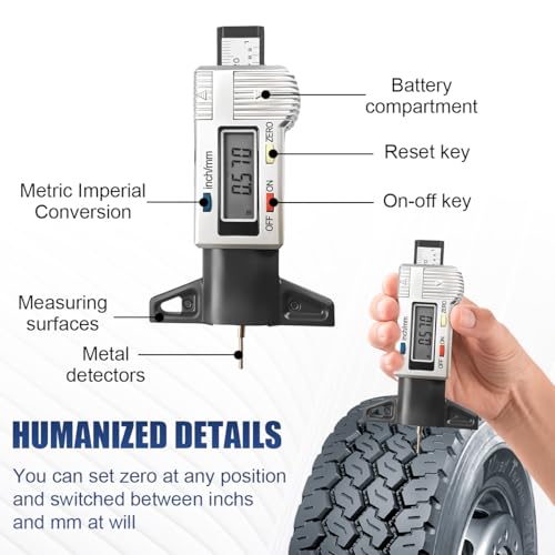 Tuxihapp Digital Tire Tread Depth Gauge, Portable 0.01mm Resolution Vehicle Tire Wear Checker with LCD Display & Inch/MM Conversion, Universal Auto Measuring Tool for Car Truck Tires (Silver)
