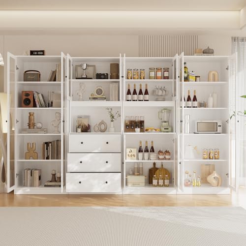 VOWNER-3PCS-Bookshelf-and-Bookcase-5-Tier-Modern-Bookshelves-with-3-Large-Drawer-Glass-Display-Cabinet-with-Lager-Storage-Shelf-Combination-Storage-Shelves-for-Home-Office-White-CAC VOWNER 3PCS Bookshelf and Bookcase 5 Tier Modern Bookshelves with 3 Large Drawer Glass Display Cabinet with Lager Storage Shelf Combination Storage Shelves for Home Office White CAC