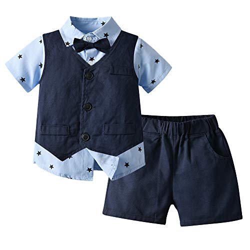 Tem Doger Baby Boys Formal Suit Toddler Gentleman Set Dress Slim Fit Short Sleeve Shirt+Blue Vest+Shorts Outfits Tuxedo (70/9-12 Months, Star)