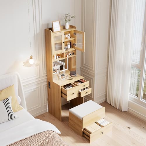 GarveeLife Compact Vanity, Make Up Vanity Desk with Mirror and Lights, White Vanity Table Set with Charger Station,Girls Small Vanity and Storage Chai