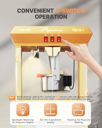 Image of 16oz Commercial Popcorn Machine with Cart, Large Popcorn Maker Machine with Wheels, Movie Theater Pop Corn Machine Stainless-Steel Kettle Makes Up to 80 Cups, Red&Gold