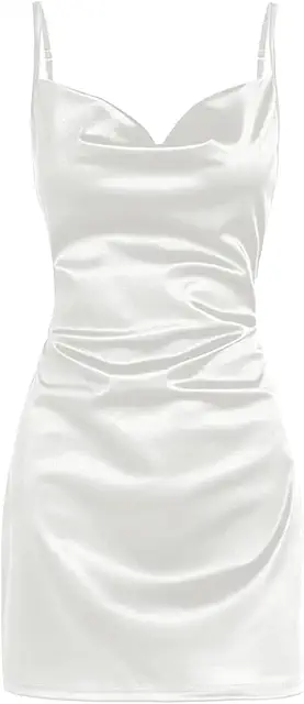 White Satin Mini Dress: Sexy Spaghetti Strap Cowl Neck Cocktail Party Dress