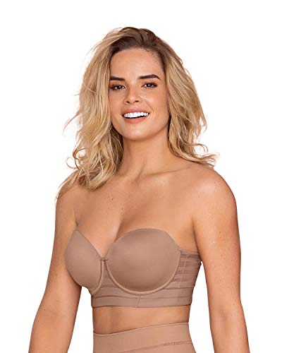 Lace Stripe Underwire Push Up Bra - Support Strapless Brown