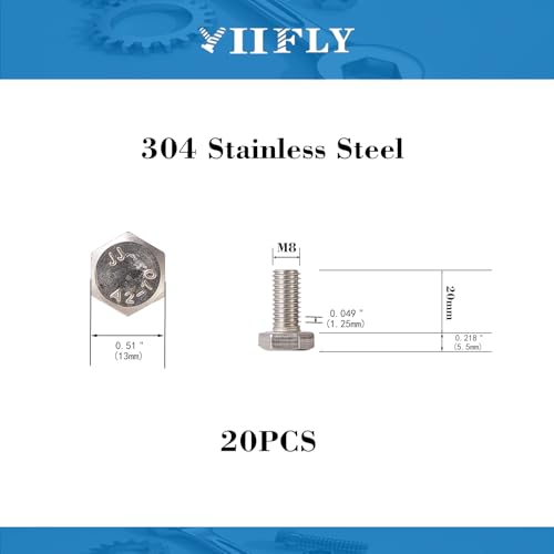 Image of M8x1.25 x 20mm Hex Head Screws Bolts, 304 Stainless Steel (A2-70), Bright Finish, Fully Threaded, Hexagon Head Bolts, Quantity 20