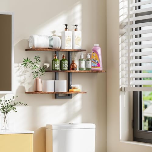 Image of Homode Floating Shelves for Wall, Wood Wall Shelves for Bathroom, 3 Tier Shelves for Wall Decor, Decorative Hanging Storage Shelf for Bedroom Kitchen Living Room, Rustic Brown and Black