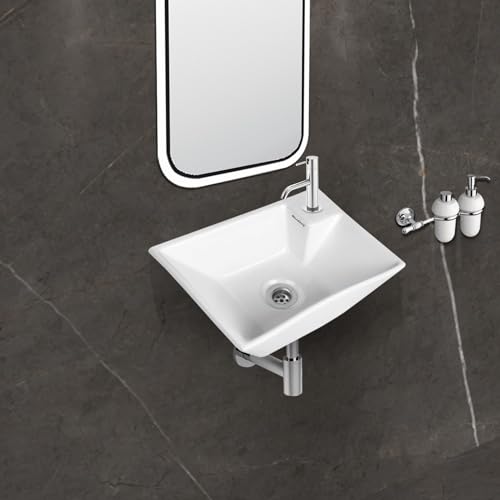 Image of Wash Basin Wall Hung Mounted Glossy Finish White Sink for Bathroom (14 x 10 x 5 Inch)
