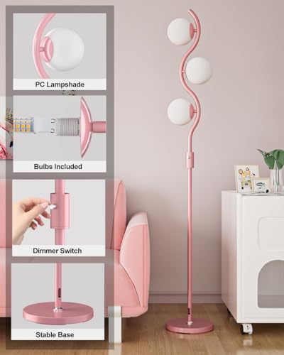 Image of 60IN Dimmable Pink Floor Lamp, Modern Standing Lamps with 3 Globe Soft Warm White 3000K Bulbs, Mid Century Floor Lamp with 5Lbs Heavy Base for Living Room Bedroom Home Decor