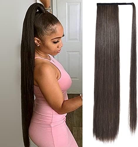 SEIKEA Long Ponytail Extension Straight Wrap Around Clip in Ponytail Hair Extensions Natural Soft Synthetic Hairpiece for Women 35 Inch Medium Brown with Golden Brown Highlights