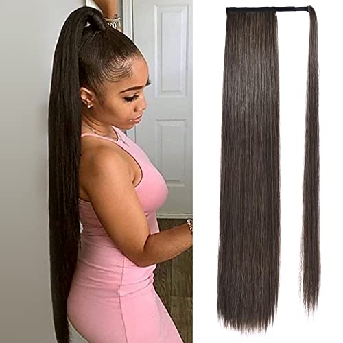 Seikea Long Ponytail Extension Straight Wrap Around Clip In Ponytail Hair Extensions Natural Soft Synthetic Hairpiece For Women 35 Inch Medium Brown With Golden Brown Highlights #TOP6