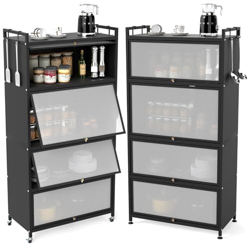 COSTWAY Estantería de Cocina de Pie con 5 Niveles, Marco Acero, Mueble Auxiliar de Cocina Estantería para Microondas con Ruedas, 4 Puertas Abatibles, Almohadillas Reemplazables, Mueble Salón (Negro)