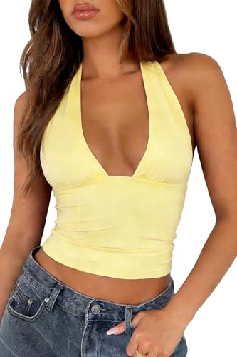 TiulZial Sexy Halter Tops for Women - Going Out Deep V Tank Top Backless Cute Summer Trendy Crop Yellow S