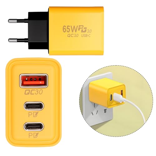 Cargador USB-C de 65W con 3 Puertos PD3.0 y QC3.0 – Adaptador de Pared Multi Puerto para Carga Rápida – Compatible con iPhone, Samsung, Huawei, Xiaomi, Tablets y Portátiles – Color Amarillo