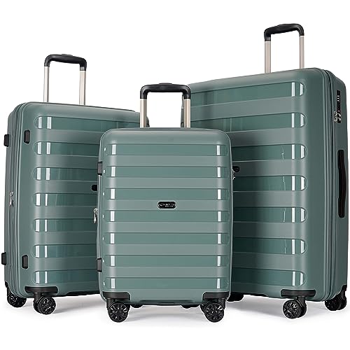 Image of GinzaTravel 3-piece set white color luggage with scratch-resistant PP material, expandable(（all 20 24 28), Super light, thickened, Dark green, 3-pc Set (20 /24 /28), Expandable