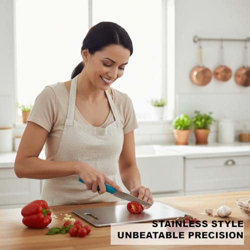 Image of SUPERMOM Kitchen Tool 2 Pc - Combo of Medium Stainless Steel Chopping Board with Stainless Steel Kitchen Utility Knife - Rustproof, Hygienic Cutting Surface for Fruits, Veggies, Meat & Daily Food Prep
