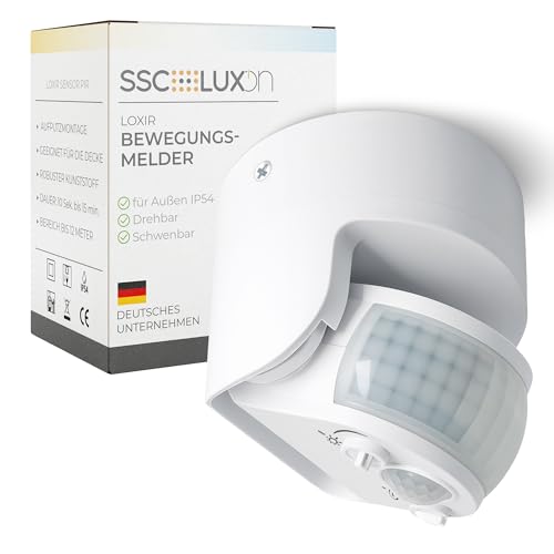 SSC-LUXon LOXIR PIR Bewegungsmelder Weiß IP54 für Innen & Außen drehbar einstellbar - Motion Sensor mit 180° & 360° Erfassung 12m Reichweite