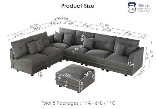 Image of LLappuil Modular Sectional Sofa with Storage, L-Shaped 7-Seat Corduroy Couch with 6 Throw Pillows, Pet-Friendly Convertible Sofa for Living Room & Apartment, Skin-Friendly, Grey