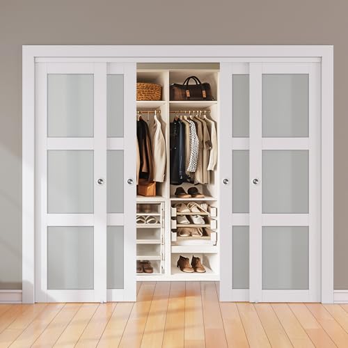 SMARTSTANDARD Sliding Closet Door, 96"×80"(Double Barn Doors 48"), Double Frosted 3 Panel Glass Sliding Door with Hardware Kit, Pre-Drilled Doors Panel, Need to Assemble, MDF with PVC Surfac