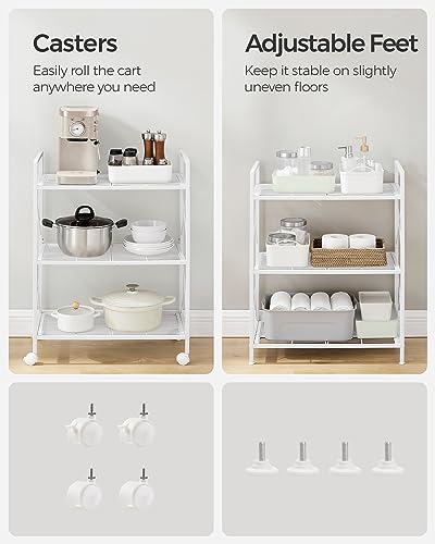 Image of SONGMICS 3-Tier Metal Storage Rack with Wheels, Mesh Shelving Unit with X Side Frames, 23.6-Inch Width, for Entryway, Kitchen, Living Room, Bathroom, Industrial Style, White UBSC163W01