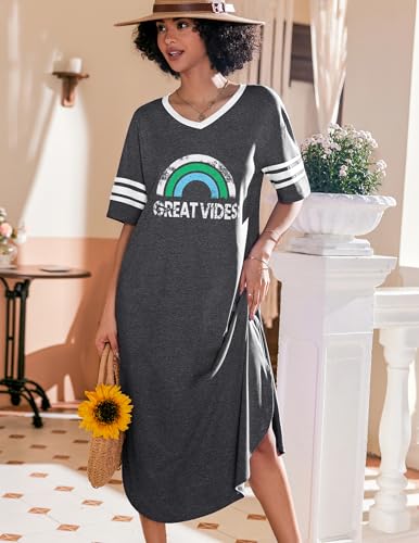 Image of Ekouaer Nightgowns for Women Long Nightgown Plus Size Moo Moos House Dress | Color Block Sleep Dress, Short Sleeve Sleepwear, V Neck Loungewear, Oversized Lounge Dress, M-5XL, Daily Wear, Sleep, Home