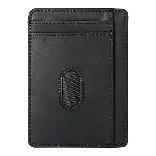 Slim Leather Wallet for Men | 100% Genuine Full Grain Leather | Minimalist Front Pocket Wallet (Black)