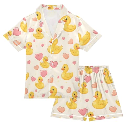 Duck Pink Hearts Pattern Summer Satin Pajama Set, Cute Button-Down Sleepwear Pj Set for Sleep Wears