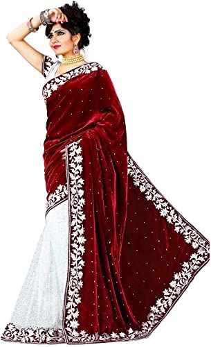 Image of Women's Velvet and Brasso Half-Half Saree with Blouse Piece