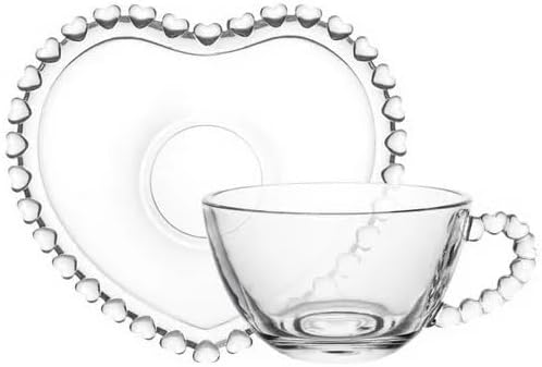 Juego de 2 tazas de té con cuentas de vidrio con platillo en forma de corazón para té, café, 7 onzas