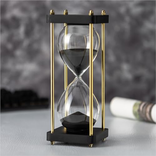 ELAINESTORE Temporizador de reloj de arena de 60 minutos con pilares dorados, base de madera negra, temporizador decorativo de arena (arena negra, tamaño grande)