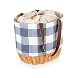 Picnic TIME Coronado Canvas and Willow Basket Tote, Picnic Tote Bag, Beach Tote, (Blue & White with Beige Accents)