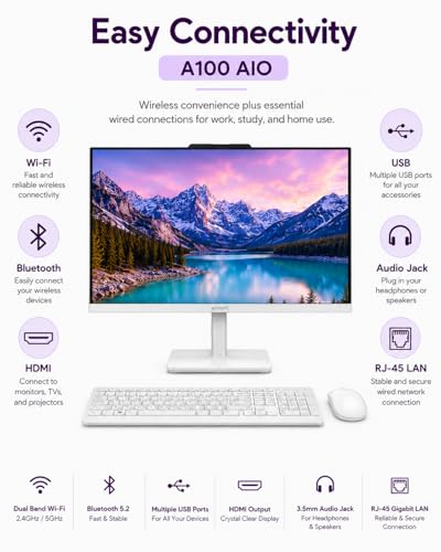 Image of Lenovo All in One Desktop, Intel Ultra-Fast 4-Core CPU| 24'' FHD Display| 8GB RAM, 256GB PCIe SSD On Board Plus 512GB HDD External | Wi-Fi 6| Bluetooth| RJ-45| Windows 11 | HDMI | Wireless KB & Mouse