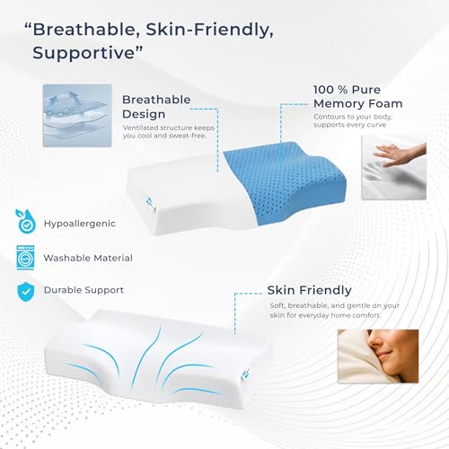 Image of CalmNest Anti-snoring Cervical 100% Memory Foam Pillow for Neck Pain & Shoulder Pain| Sleeping Pillow for Spondylitis Neck| Orthopaedic Ergonomic (1x 22 Blue Foam)