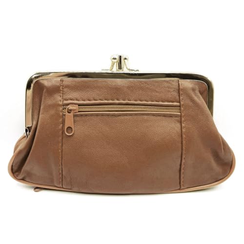 Charmoni - Grande Portefeuille Porte Monnaie Femme - à Fermeture clic clac Fermoir - Poche zippée - en Cuir d'agneau (Cognac)