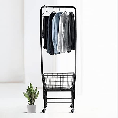 bimiti Small Clothes Rail Floor Standing Clothes Rack with Basket, Rolling Clothes Hanging Rails for Bedroom Metal Coat Rack for Small Space Bedroom Entryway