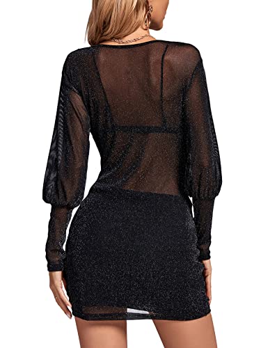 Rooscier Women's Sheer Mesh Glitter Wrap V Neck Long Sleeve Ruched Drawstring Bodycon Mini Dress2