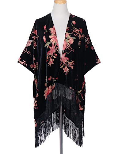 Image of MJ SERECA Women's Burnout Velvet Kimono Cardigan Cover Up with Tassel