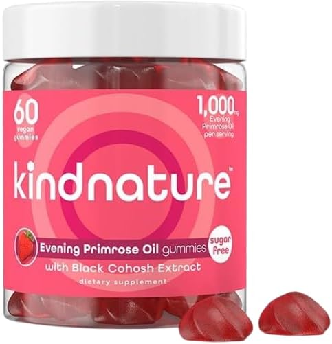 kindnature Gomitas de aceite de onagra para mujer, 1000 mg con extracto de cohosh negro, equilibrio hormonal, síndrome premenstrual y apoyo para la
