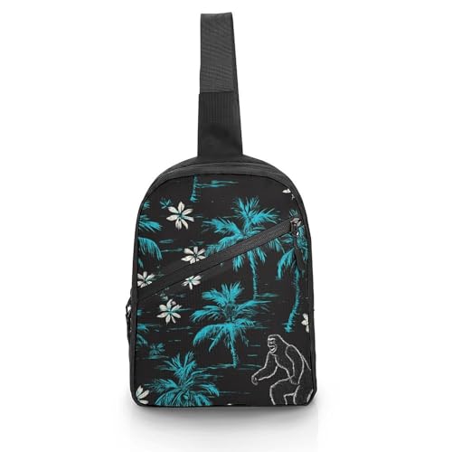 Hawaii Surfing Bigfoot Palm Trees Chest Bag Foldable Crossbody Unisex Pack Travel Hiking Adjustable Shoulder Straps Sling Bags