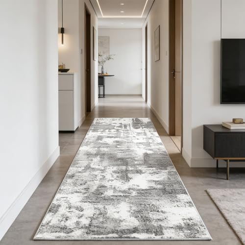 WAMBORY Area Rugs, 60 x 240cm Stain Resistant Anti Slip Backing Runner Rug, Light and Soft Washable Rug for Kitchen, Living Room, Bedroom, Hallway, Laundry Room (Grey/White, 2' x 7'10")