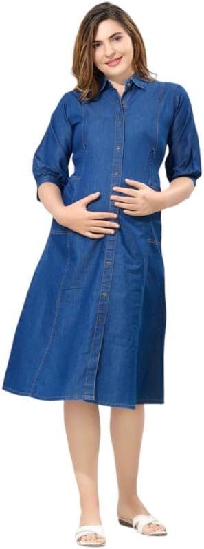 Puff Sleeve Denim Maternity A-Line Dress for Women | Maternity Maxi Dress for Women | Soft Cotton Pregnancy Dress | Feeding Access | Perfect for Office, Daily