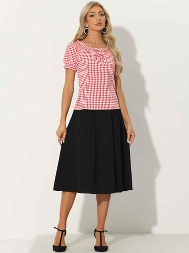 Allegra K Gingham Top for Woman's 2025 Plaid Peasant Round Neck Ruffles Cute Puff Sleeve Tops4