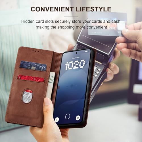 Image of Jasonyu Case for Nothing Phone 3a, PU Leather Wallet Case [Shockproof] [Magnetic] [Card Holder] [Stand Function] Flip Case (Brown)
