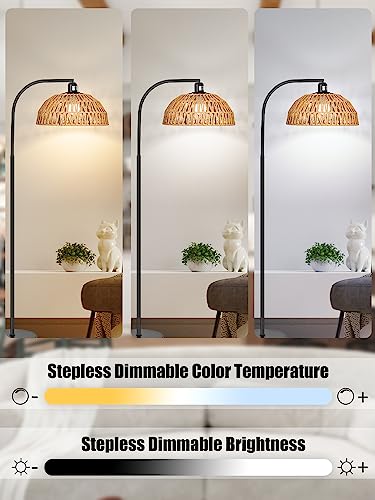Image of Brilvibera Boho Standing Lamp with Remote Control and Dimmable Bulb | Hand-Worked Adjustable Rattan Shades, Black Farmhouse Tall Lamp, Boho Arc Floor Lamps for Living Room, Bedroom, Office