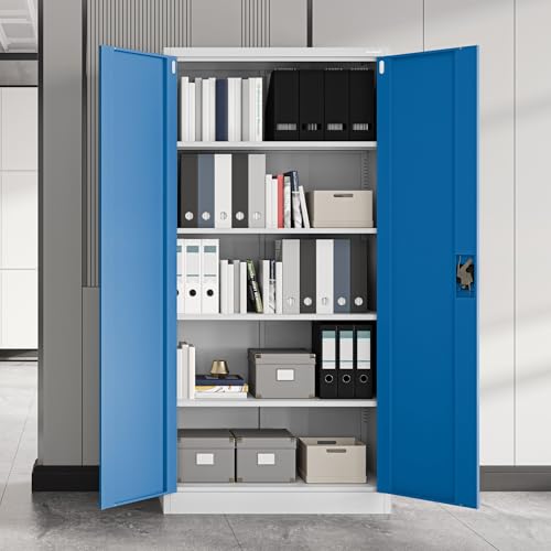 Jan Nowak Metallschrank Jan 185 x 90 x 40 cm - Metall Aktenschrank Abschließbar mit 2 Türen, Mehrzweckschrank mit 5 Ebenen, Büroschrank aus Stahlschrank mit Pulverbeschichtung - Grau-Blau